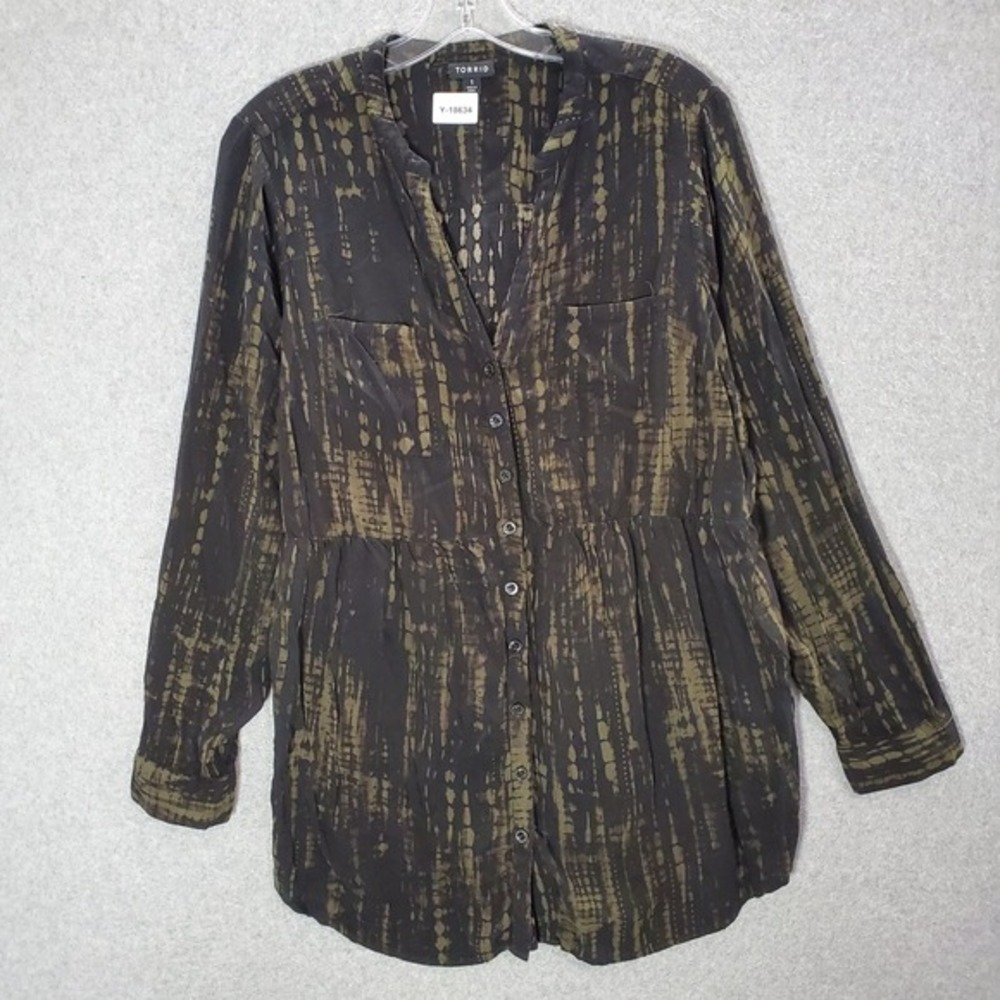 Torrid Women Top 1 Green Emma Babydoll Challis Button Up‎ Front Tunic Pockets